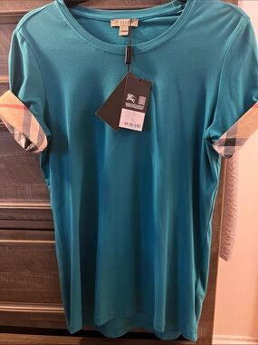 Burberry Teal Short Sleeve Tee with Signature Check Cuff